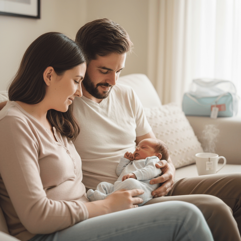 Neugeborenes Baby schläft friedlich zwischen seinen Eltern auf einem hellen Sofa im warmen Morgenlicht, erste Tage zu Hause nach der Geburt