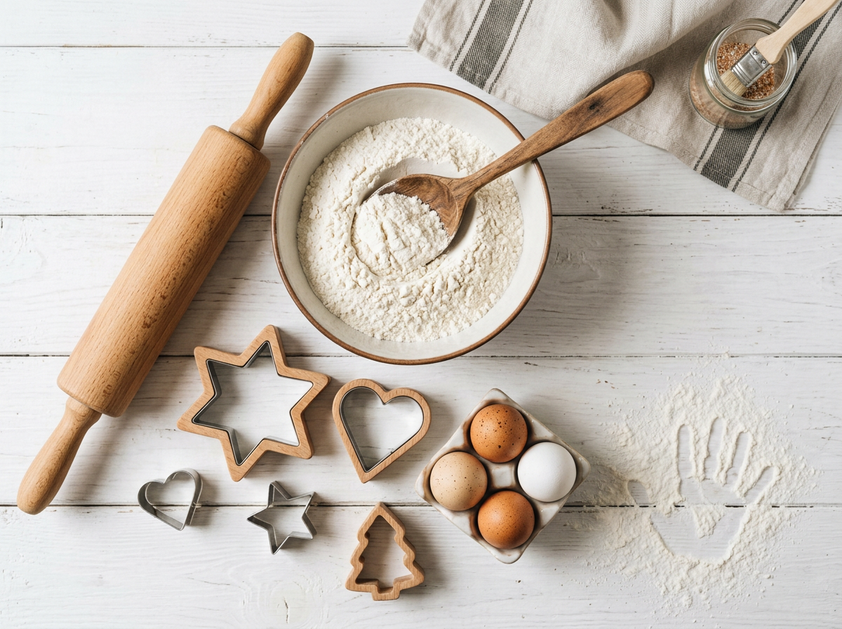 Backen mit Kindern – Ausstecher, Nudelholz und Mehl auf Holztisch