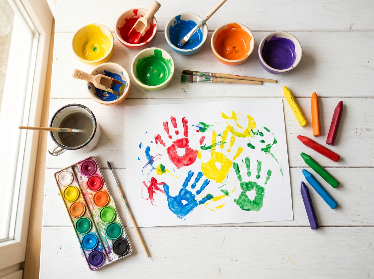 Malen mit Kindern – bunte Fingerfarben und Malmaterialien auf Tisch. Malen mit Kindern