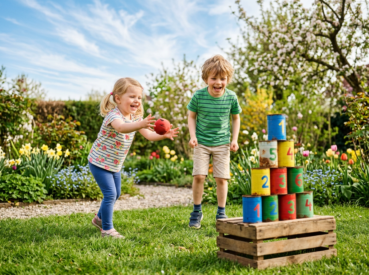 Gartenspiele für Kinder – Kinder spielen Dosenwerfen im Frühlingsgarten