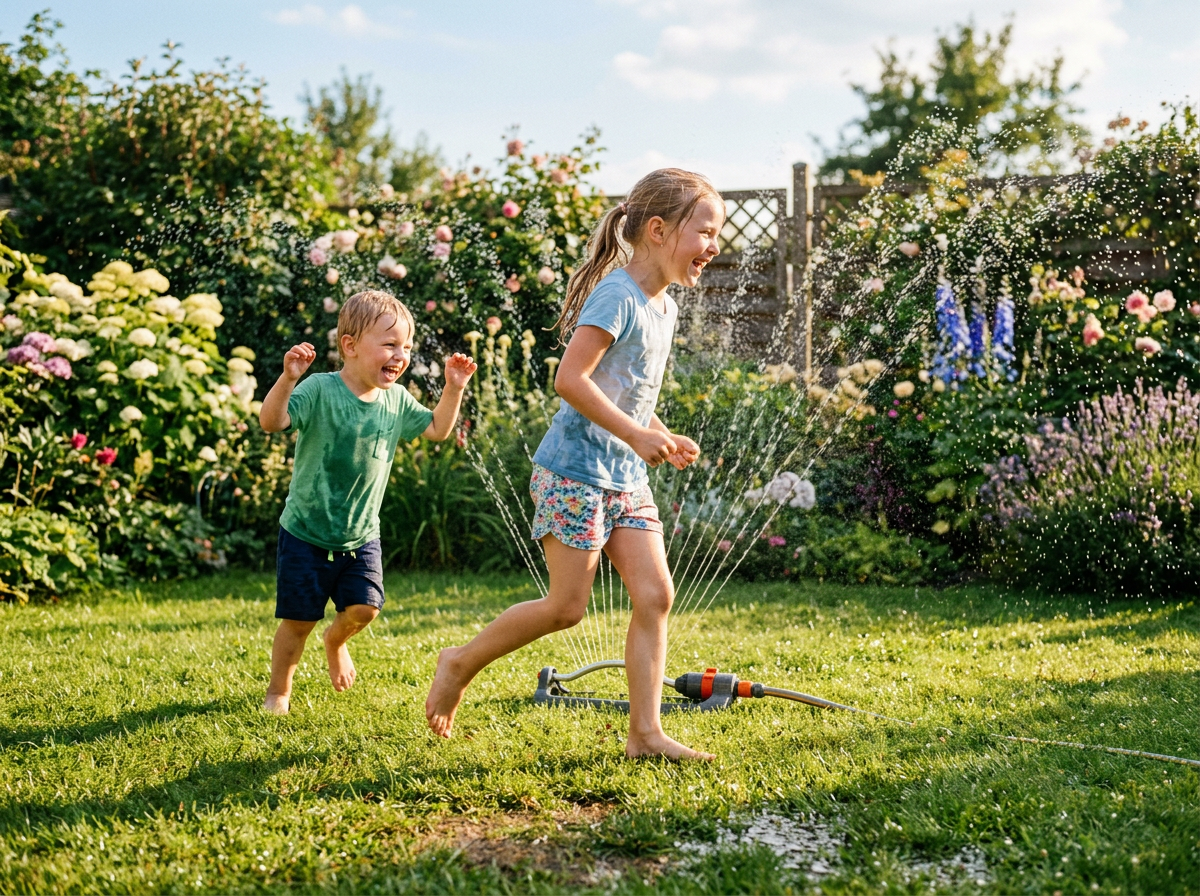 Wasserspiele für Kinder – zwei Kinder lachen im Sprinkler Wasserspiele für Kinder