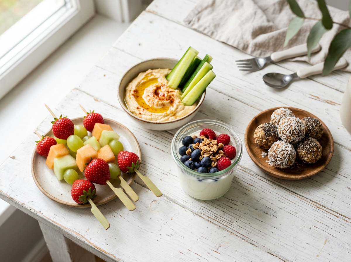 Gesunde Snacks für kinder, bunte Auswahl Obstspieße Gurkensticks Joghurt