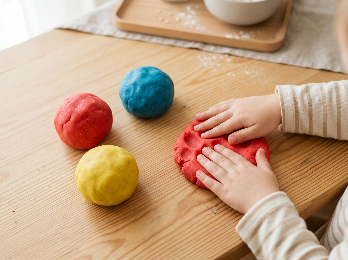 Knetmasse selber machen – bunte Knete-Kugeln auf Holztisch